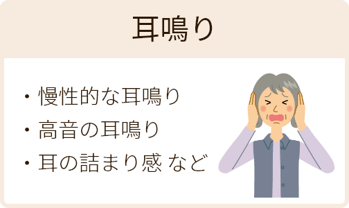 耳鳴り　・慢性的な耳鳴り ・高音の耳鳴り ・耳の詰まり感 など