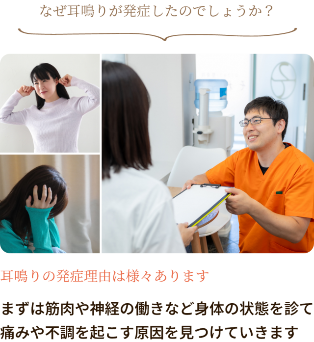 なぜ耳鳴りが発症したのでしょうか？耳鳴りの発症理由は様々あります。まずは筋肉や神経の働きなど身体の状態を診て 痛みや不調を起こす原因を見つけていきます