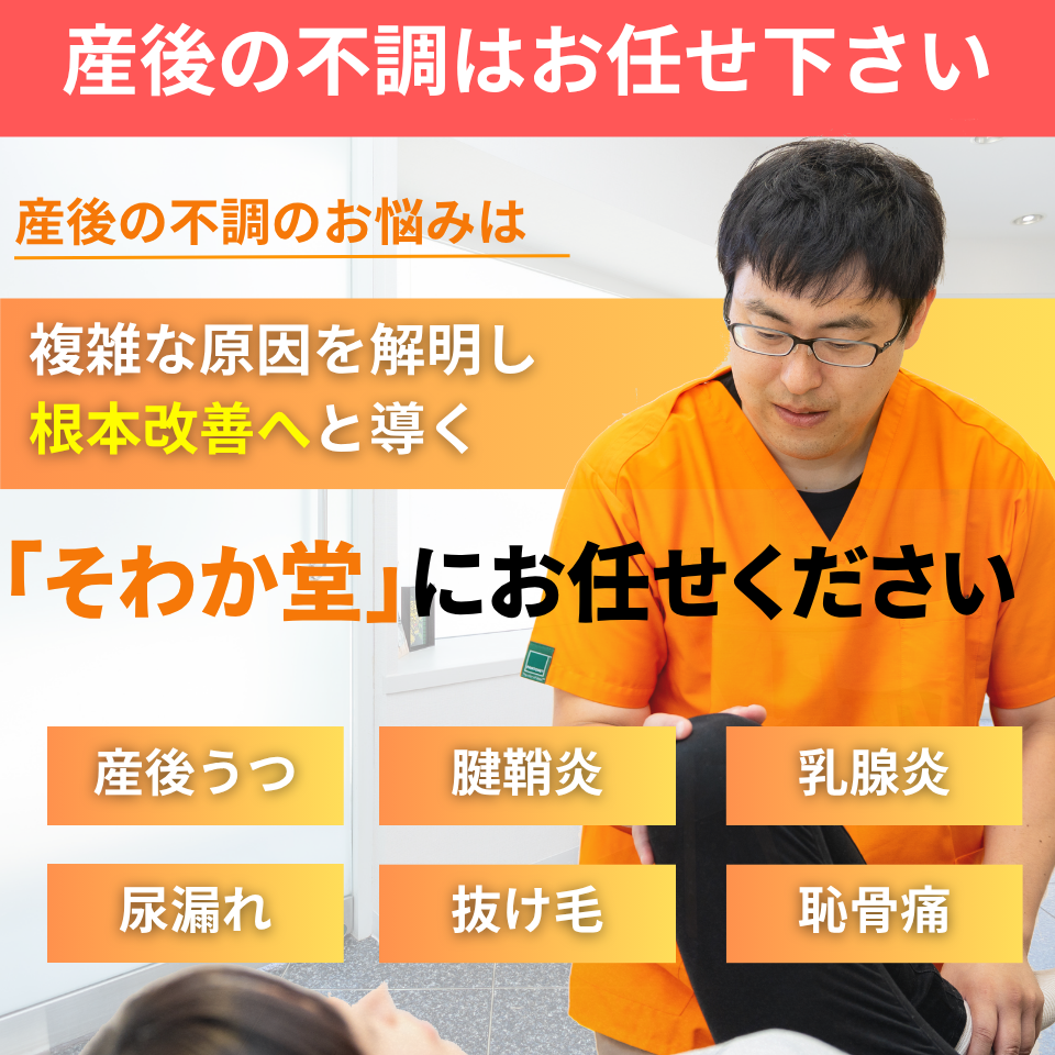 産後の不調の治療院。産後のお悩みは身体と心の不調の背後にある複雑な原因を解明し根本改善へと導く「そわか堂」にお任せください。身体の仕組みを熟知する10年以上の多様な施術経験。各種専門証明書と4つの国家資格を保有。患者様の健康を支える持続的なケアサポート。清潔感と温もりに満ちた丁寧な対話と施術環境。